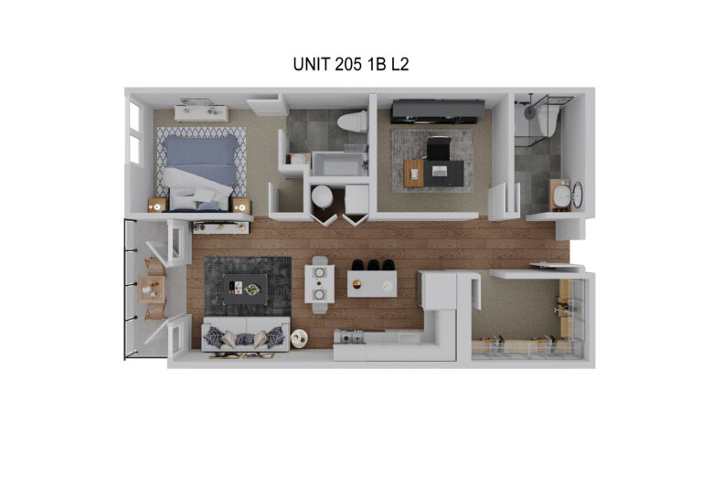 1 Bedroom, 2 Bath — 3D rendering