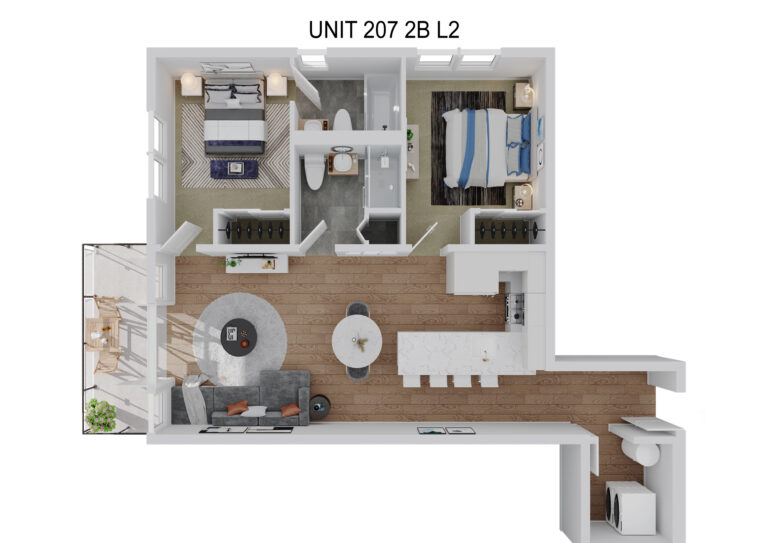 2 Bedroom, 2 Bath — 3D rendering