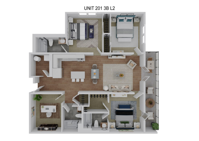 3 Bedroom, 3 Bath — 3D rendering
