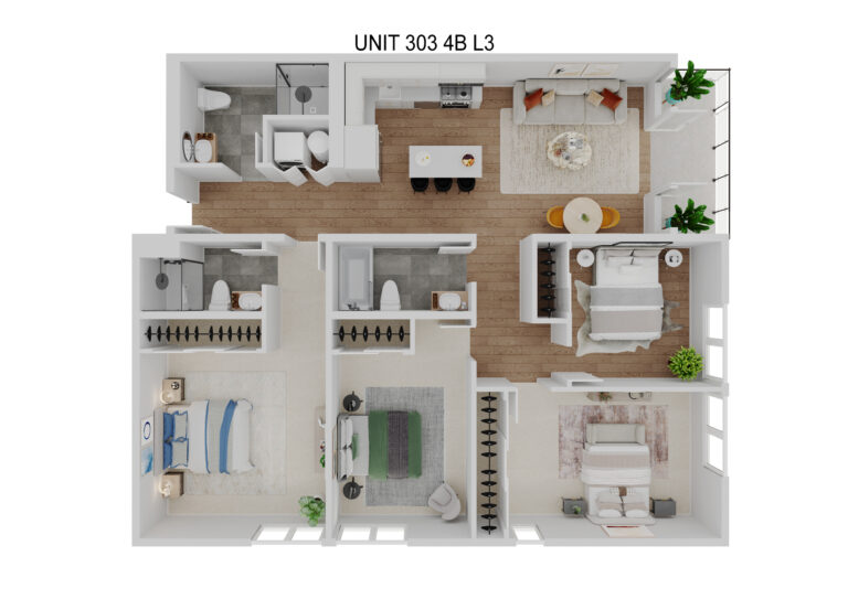4 Bedroom, 3 Bath — 3D rendering