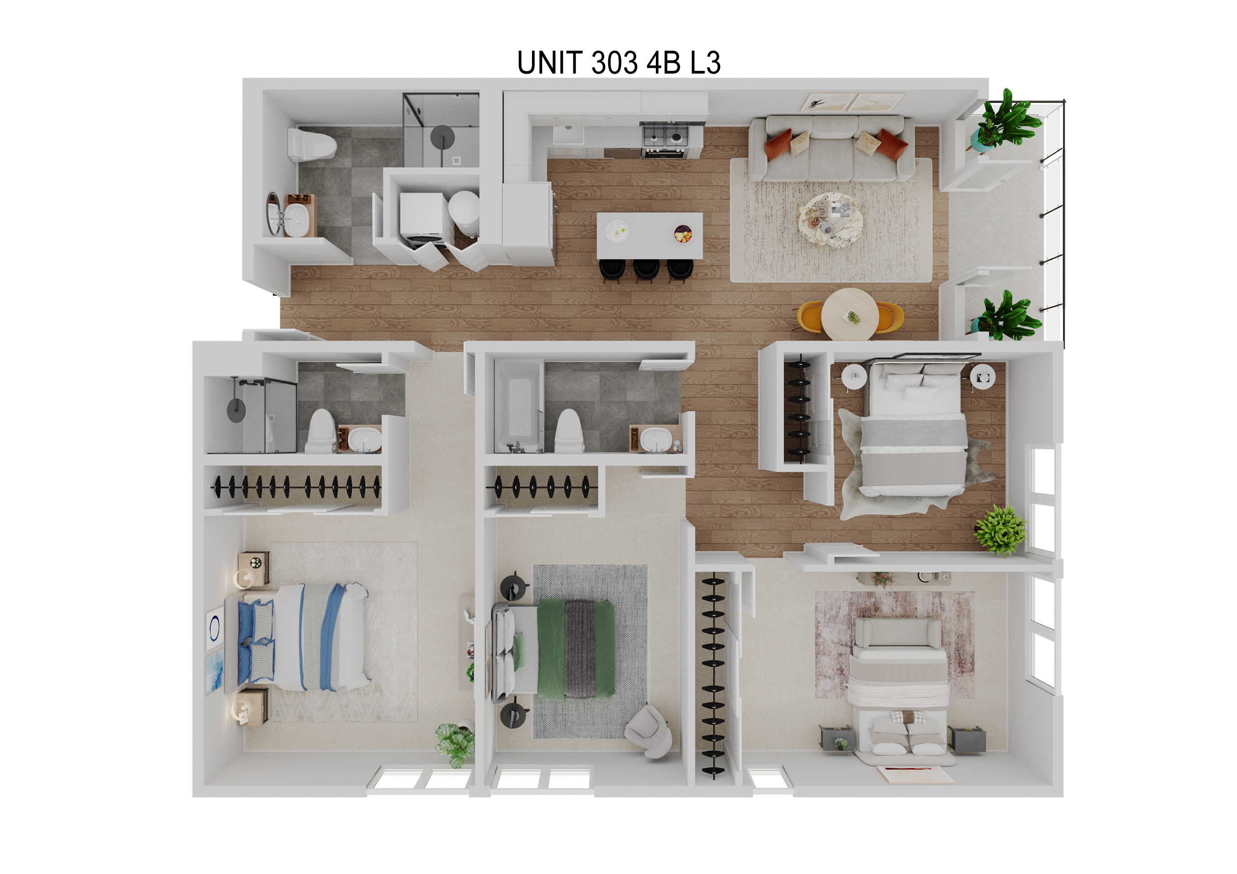 4 Bedroom, 3 Bath — 3D rendering